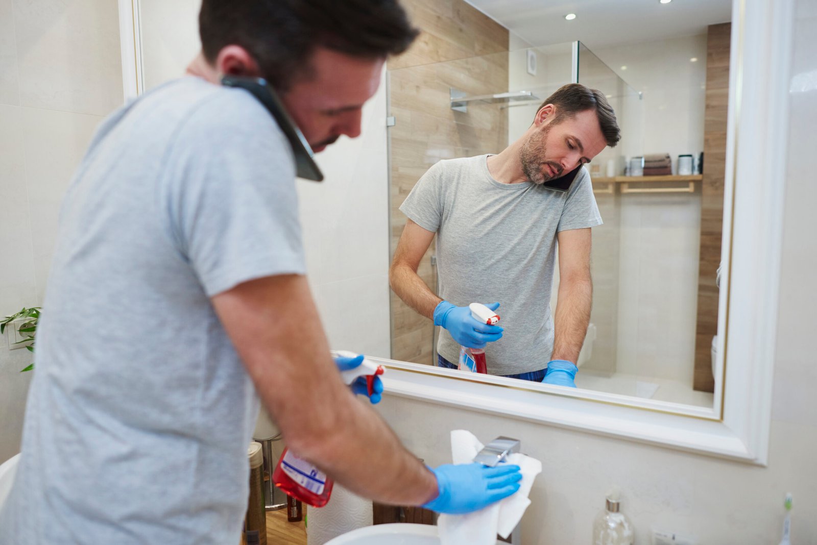 man cleaning his bathroom talking by mobile phone scaled